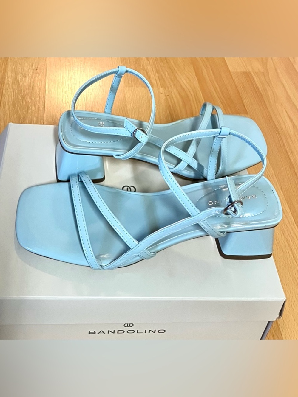 Bandolino Colby Pastel Blue Patent Leather/Strappy/Low Block Heel Sandals: 8 - Picture 2 of 6